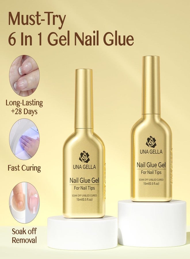 UNA GELLA 6 in 1 Gel Nail Glue for Clear Acrylic Nails Tips, 2Pcs 15ml Super Strong Brush UV Nail Glue Long Lasting Lamp Curing Required for Fake Nails Tips - Image 2
